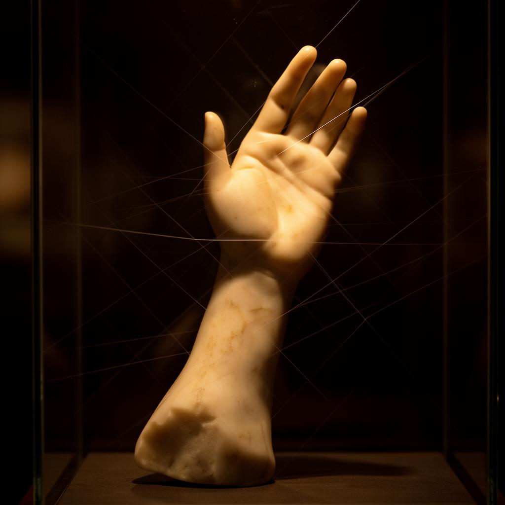 Marble sculpture of a human hand protected behind a glass laser grid